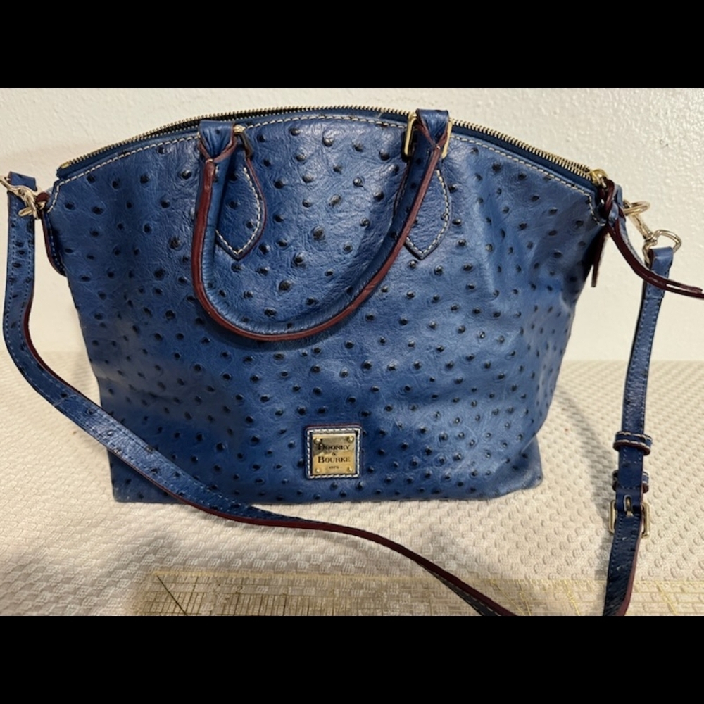 Dooney & Bourke Blue Ostrich-Embossed Satchel with Brown Trim